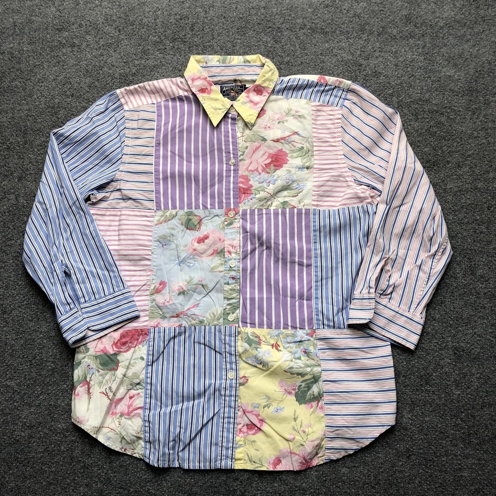 American Living Shirt Mens Large Multi Patchwork Floral Long Sleeve Button Up